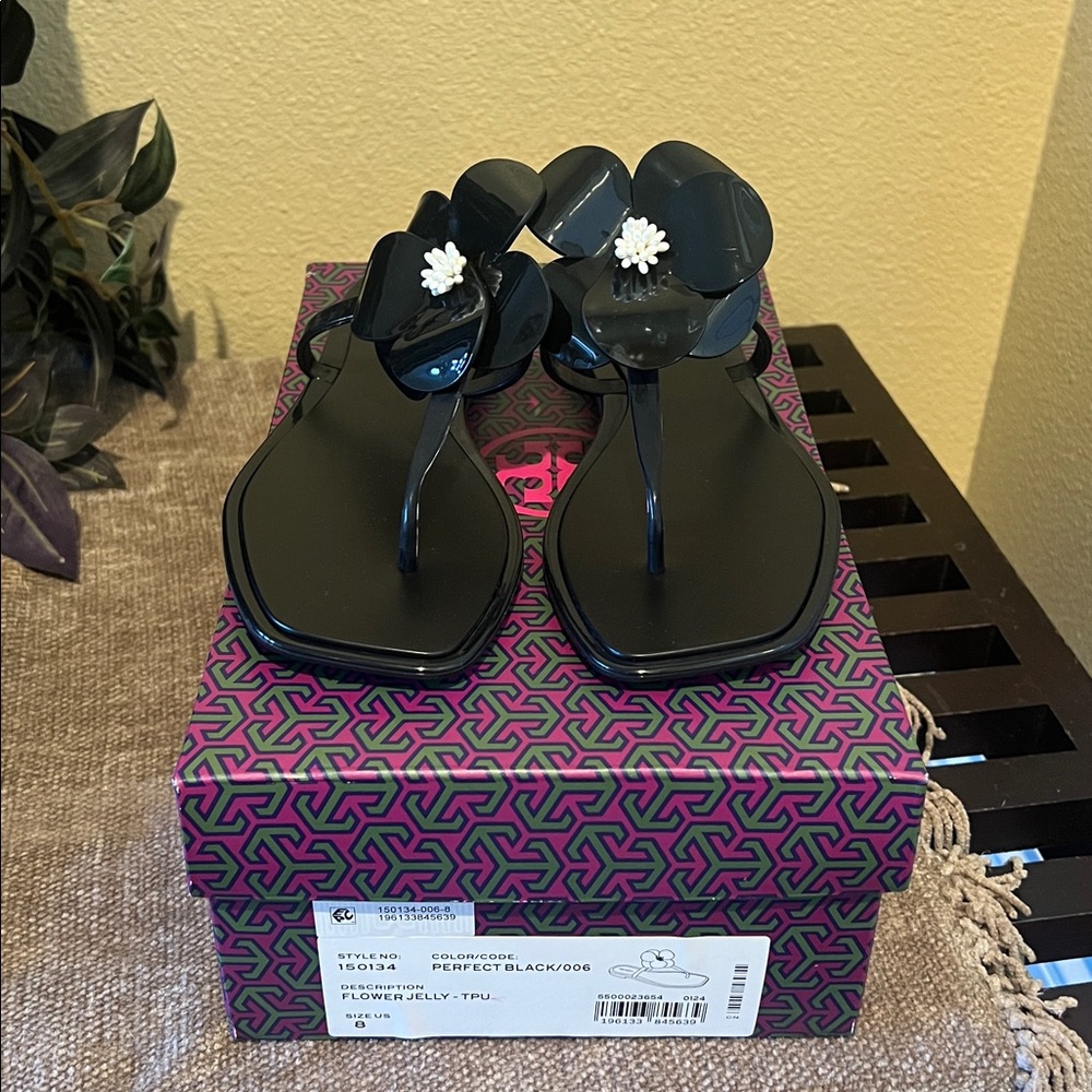 Tory Burch Black Flower Jelly Sandals